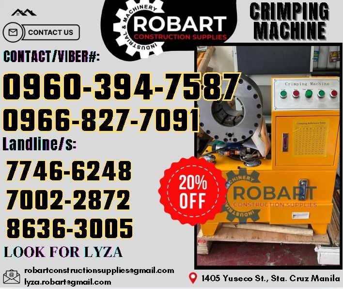 Crimping Machine up to 2" (Category: Construction Tools & Equipment) located in Manila. Submitted by lyzarobart11 (Listing ID 1330182551, Image 1). Description: Crimping Machine 1/4-2" 𝑹𝑶𝑩𝑨𝑹𝑻 𝑪𝑶𝑵𝑺𝑻𝑹𝑼𝑪𝑻𝑰𝑶𝑵 𝑺𝑼𝑷𝑷𝑳𝑰𝑬𝑺 𝒪𝒻𝒻𝒾𝒸𝑒 𝒜𝒹𝒹𝓇𝑒𝓈𝓈: 𝟣𝟦𝟢𝟧 𝒴𝓊𝓈𝑒𝒸𝑜 𝒮𝓉. 𝒮𝓉𝒶 𝒞𝓇𝓊𝓏 𝑀𝒶𝓃𝒾𝓁𝒶 ꜱᴇɴᴅ ᴜꜱ ᴍᴇꜱꜱᴀɢᴇ ꜰᴏʀ ɪɴQᴜɪʀɪᴇꜱ ‼️ ‼️ ɢʟᴏʙᴇ: (0966-827-7091) ꜱᴍʀᴛ - (0960-394-7587) ᴠɪʙʀ - (0960-394-7587) ʟᴀɴᴅʟɪɴᴇ: (8636-ʟᴏᴏ