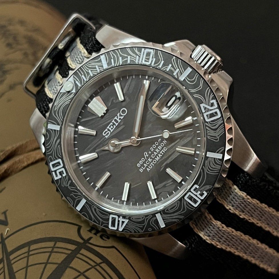 CUSTOMISABLE seiko carbon submariner mod carbon fiber dial submariner bezel blue grey nato strap 40mm waterproof automatic watch men s watch women s
