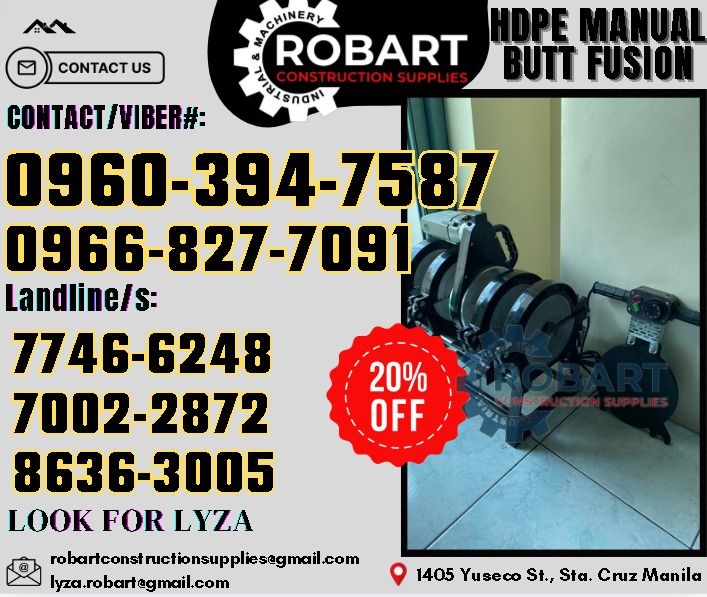 HDPE Manual Butt Fusion (Category: Construction Tools & Equipment) located in Manila. Submitted by lyzarobart11 (Listing ID 1330180394, Image 1). Description: HDPE Manual Butt Fusion up to 200mm 𝑹𝑶𝑩𝑨𝑹𝑻 𝑪𝑶𝑵𝑺𝑻𝑹𝑼𝑪𝑻𝑰𝑶𝑵 𝑺𝑼𝑷𝑷𝑳𝑰𝑬𝑺 𝒪𝒻𝒻𝒾𝒸𝑒 𝒜𝒹𝒹𝓇𝑒𝓈𝓈: 𝟣𝟦𝟢𝟧 𝒴𝓊𝓈𝑒𝒸𝑜 𝒮𝓉. 𝒮𝓉𝒶 𝒞𝓇𝓊𝓏 𝑀𝒶𝓃𝒾𝓁𝒶 ꜱᴇɴᴅ ᴜꜱ ᴍᴇꜱꜱᴀɢᴇ ꜰᴏʀ ɪɴQᴜɪʀɪᴇꜱ ‼️ ‼️ ɢʟᴏʙᴇ: (0966-827-7091) ꜱᴍʀᴛ - (0960-394-7587) ᴠɪʙʀ - (0960-394-7587) ʟᴀɴᴅʟɪɴᴇ:
