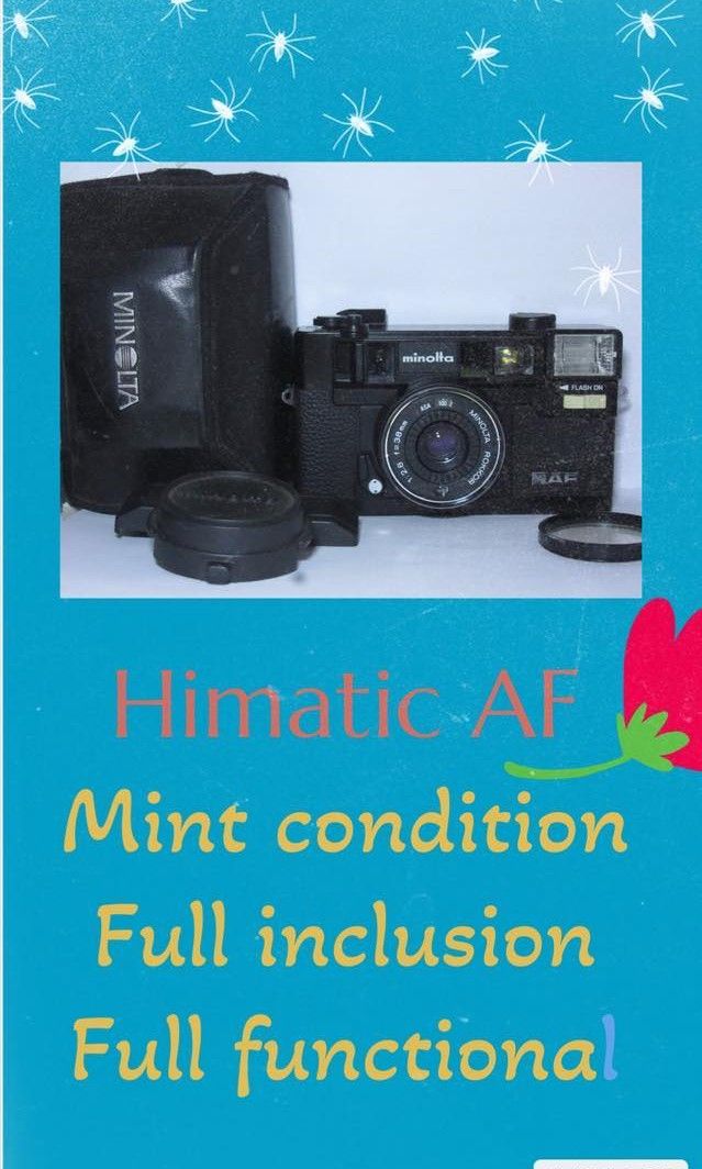 Minolta himatic AF (Category: Cameras) located in Las Pinas. Submitted by film101 (Listing ID 1330186253, Image 1). Description: Minolta Hi matic AF-MINT CONDITION NEW ARRIVAL *INCLUSION:pouch, minolta cap, filter ring Condition of camera Working meter Working aperture snaps Working flash Shutter working Clean optics Clean viewfinder Clean body and simply it's mint cond. Timer-not working.