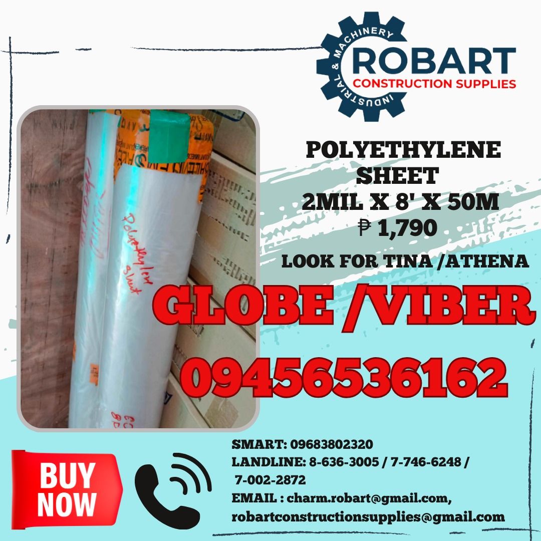 Polyethylene Sheet 2mil x 8' x 50m (Category: Construction & Building Materials) located in Manila. Submitted by tina.sales (Listing ID 1330241486, Image 1). Description: Polyethylene Sheet 2mil x 8' x 50m 𝑹𝑶𝑩𝑨𝑹𝑻 𝑪𝑶𝑵𝑺𝑻𝑹𝑼𝑪𝑻𝑰𝑶𝑵 𝑺𝑼𝑷𝑷𝑳𝑰𝑬𝑺 𝑶𝒇𝒇𝒊𝒄𝒆 𝑨𝒅𝒅𝒓𝒆𝒔𝒔: 𝟏𝟒𝟎𝟓 𝒀𝒖𝒔𝒆𝒄𝒐 𝑺𝒕. 𝑺𝒕𝒂 𝑪𝒓𝒖𝒛 𝑴𝒂𝒏𝒊𝒍𝒂 𝑺𝑬𝑵𝑫 𝑼𝑺 𝑴𝑬𝑺𝑺𝑨𝑮𝑬 𝑭𝑶𝑹 𝑰𝑵𝑸𝑼𝑰𝑹𝑰𝑬𝑺 ‼️ ‼️ 𝑮𝒍𝒃𝒆 - (𝟢𝟫𝟒𝟓-𝟔𝟓𝟑-𝟔𝟏𝟔𝟐) 𝑻.�
