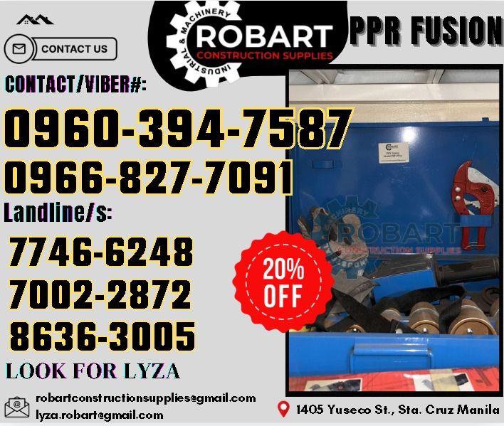 PPR Fusion Machine (Category: Construction Tools & Equipment) located in Manila. Submitted by lyzarobart11 (Listing ID 1330183535, Image 1). Description: PPR Fusion Machine Brand; Prime 𝑹𝑶𝑩𝑨𝑹𝑻 𝑪𝑶𝑵𝑺𝑻𝑹𝑼𝑪𝑻𝑰𝑶𝑵 𝑺𝑼𝑷𝑷𝑳𝑰𝑬𝑺 𝒪𝒻𝒻𝒾𝒸𝑒 𝒜𝒹𝒹𝓇𝑒𝓈𝓈: 𝟣𝟦𝟢𝟧 𝒴𝓊𝓈𝑒𝒸𝑜 𝒮𝓉. 𝒮𝓉𝒶 𝒞𝓇𝓊𝓏 𝑀𝒶𝓃𝒾𝓁𝒶 ꜱᴇɴᴅ ᴜꜱ ᴍᴇꜱꜱᴀɢᴇ ꜰᴏʀ ɪɴQᴜɪʀɪᴇꜱ ‼️ ‼️ ɢʟᴏʙᴇ: (0966-827-7091) ꜱᴍʀᴛ - (0960-394-7587) ᴠɪʙʀ - (0960-394-7587) ʟᴀɴᴅʟɪɴᴇ: (8636-ʟᴏ