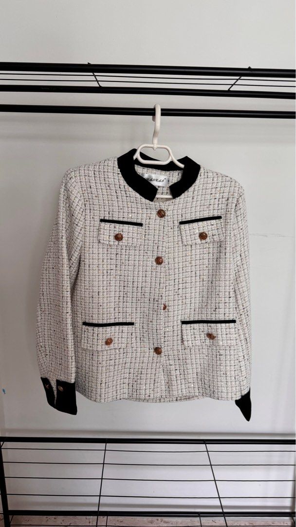 Tweed Jacket (Category: Coats, Jackets and Outerwear) located in Singapore. Submitted by shop.my.wardrobe (Listing ID 1330187021, Image 1). Description: Fit well with a UK 10. Brand new, have not worn before. Buttons are already rusty. Feel free to replace them or polish them. Good for office wear or in aircon temp. Complimentary shipment with tracking number. No meetup .