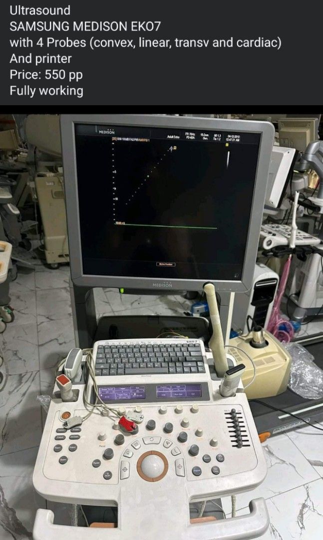 Ultrasound FOR RENT (Category: Medical Supplies & Tools) located in Angeles City. Submitted by ryainramos (Listing ID 1330174737, Image 1). Description: 2d echo ultrasound for rent Samsung eko7 4probes with 2d echo and printer 25k per month Plus Mobilization charge depends on location..