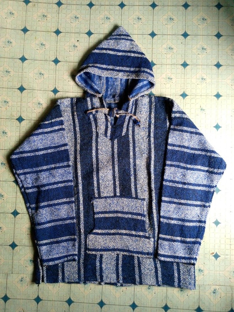 Vintage Mexican Baja Hoodie Blue white Black Best fits Large