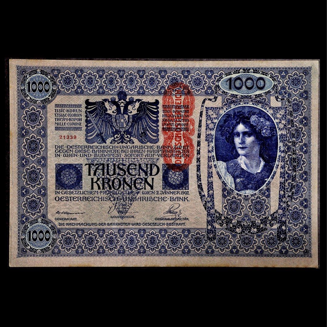 1902 奧匈帝國時期1000克朗大面票紙幣Austria Hungary 1000 Kronen Banknote (Overprinted Red  Deutschösterreich), 興趣及遊戲, 收藏品及紀念品, 錢幣- Carousell