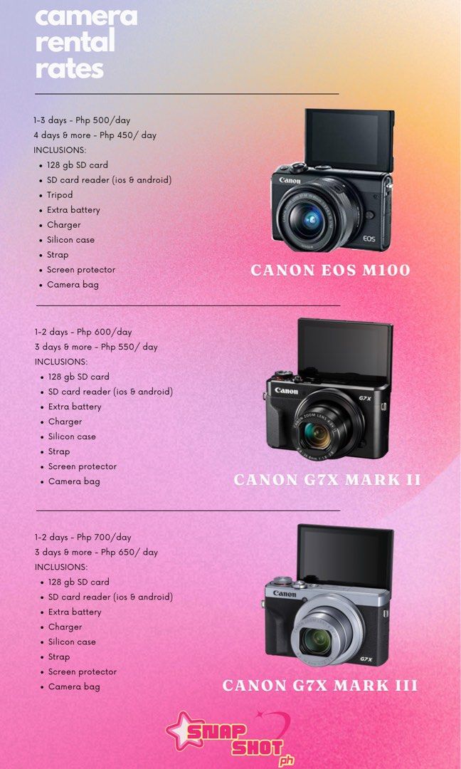 Canon EOS M100 (camera for rent) (Category: Cameras) located in Marikina City. Submitted by lovecalluengg (Listing ID 1311750741, Image 2). Description: All the descripton are in the photos already 🤍 You can visit my ig shop @thesnapshotph for more sample shots ✨ Specs: — Full HD 60p recording — 24.2 MP CMOS sensor upto ISO 25,600 — 6.1 fps shooting — DIGIC 7 Processing — Built-in wifi so you can connect, share or backup wirelessly — Inituitive 