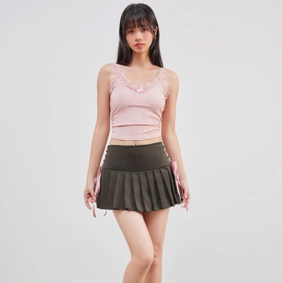 Cider Lace Up Pleated Mini Skirt, Women's Fashion, Bottoms, Skirts