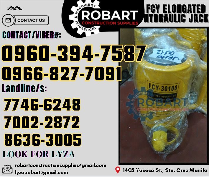 FCY Elongated Hydraulic Jack (Category: Construction Tools & Equipment) located in Manila. Submitted by lyzarobart11 (Listing ID 1330401307, Image 1). Description: FCY Elongated Hydraulic Jack Model: E-5-003 𝑹𝑶𝑩𝑨𝑹𝑻 𝑪𝑶𝑵𝑺𝑻𝑹𝑼𝑪𝑻𝑰𝑶𝑵 𝑺𝑼𝑷𝑷𝑳𝑰𝑬𝑺 𝒪𝒻𝒻𝒾𝒸𝑒 𝒜𝒹𝒹𝓇𝑒𝓈𝓈: 𝟣𝟦𝟢𝟧 𝒴𝓊𝓈𝑒𝒸𝑜 𝒮𝓉. 𝒮𝓉𝒶 𝒞𝓇𝓊𝓏 𝑀𝒶𝓃𝒾𝓁𝒶 ꜱᴇɴᴅ ᴜꜱ ᴍᴇꜱꜱᴀɢᴇ ꜰᴏʀ ɪɴQᴜɪʀɪᴇꜱ ‼️ ‼️ ɢʟᴏʙᴇ: (0966-827-7091) ꜱᴍʀᴛ - (0960-394-7587) ᴠɪʙʀ - (0960-394-75