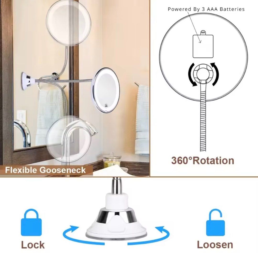 Flexible Gooseneck 6.8" 10x Magnifying LED Lighted Makeup Mirror (360