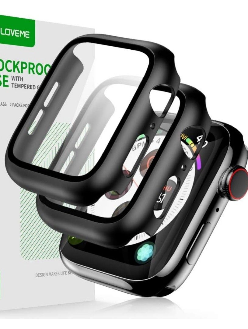 FLOVEME Case for Apple Watch 44mm Screen Protector Series 6 5 4 SE 2 Pack Tempered Glass Hard PC Bumper Cover Compatible with Apple Watch Screen Protector 40mm Case for iWatch