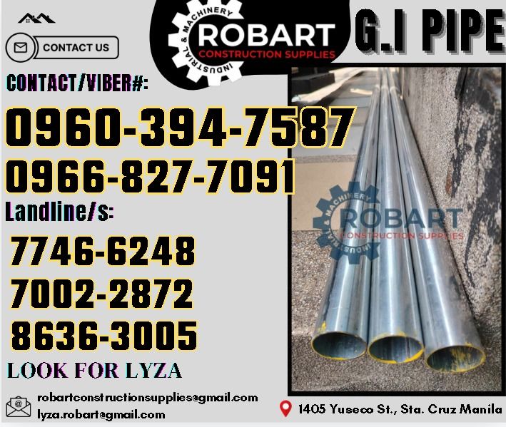 GI Pipe Sch. 20 (Category: Construction Tools & Equipment) located in Manila. Submitted by lyzarobart11 (Listing ID 1330341813, Image 1). Description: GI Pipe Sch. 20 Size: 1 1/2" x 6m (9kls.) 𝑹𝑶𝑩𝑨𝑹𝑻 𝑪𝑶𝑵𝑺𝑻𝑹𝑼𝑪𝑻𝑰𝑶𝑵 𝑺𝑼𝑷𝑷𝑳𝑰𝑬𝑺 𝒪𝒻𝒻𝒾𝒸𝑒 𝒜𝒹𝒹𝓇𝑒𝓈𝓈: 𝟣𝟦𝟢𝟧 𝒴𝓊𝓈𝑒𝒸𝑜 𝒮𝓉. 𝒮𝓉𝒶 𝒞𝓇𝓊𝓏 𝑀𝒶𝓃𝒾𝓁𝒶 ꜱᴇɴᴅ ᴜꜱ ᴍᴇꜱꜱᴀɢᴇ ꜰᴏʀ ɪɴQᴜɪʀɪᴇꜱ ‼️ ‼️ ɢʟᴏʙᴇ: (0966-827-7091) ꜱᴍʀᴛ - (0960-394-7587) ᴠɪʙʀ - (0960-394-7587) ʟᴀɴᴅʟɪɴᴇ: (