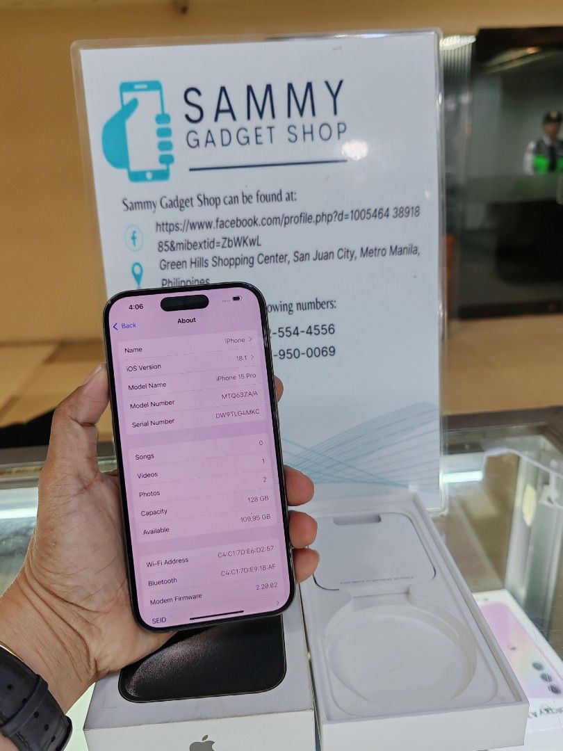 Iphone 15pro 128 hk preloved (Category: iPhone 15 Series) located in Quezon City. Submitted by ronalynac40976 (Listing ID 1330420373, Image 3). Description: Iphone 15pro hk Dual sim 93% batteri health good condition With box, same serial Pick up store in greenhills shopping center We ship nationwide via lbc We accept creditcard by installment+% We accept ggives & spaylater+% Dm or call for fast transaction 09279500069/09425544556 Located @Auqariu