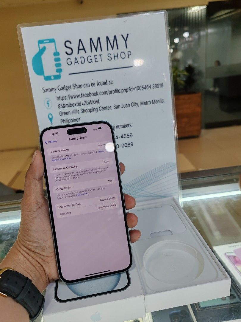 Iphone 15us 128 dual aim preloved (Category: iPhone 15 Series) located in Quezon City. Submitted by ronalynac40976 (Listing ID 1330418715, Image 3). Description: Iphone 15plus dual sim 93% batteri health good condtion With box, same serial Pick up store in greenhills shopping center We ship nationwide via lbc We accept swap/trade in We accept creditcard by installment+% We accept ggives & spaylater+% Do or call for fast transaction 09279500069/09