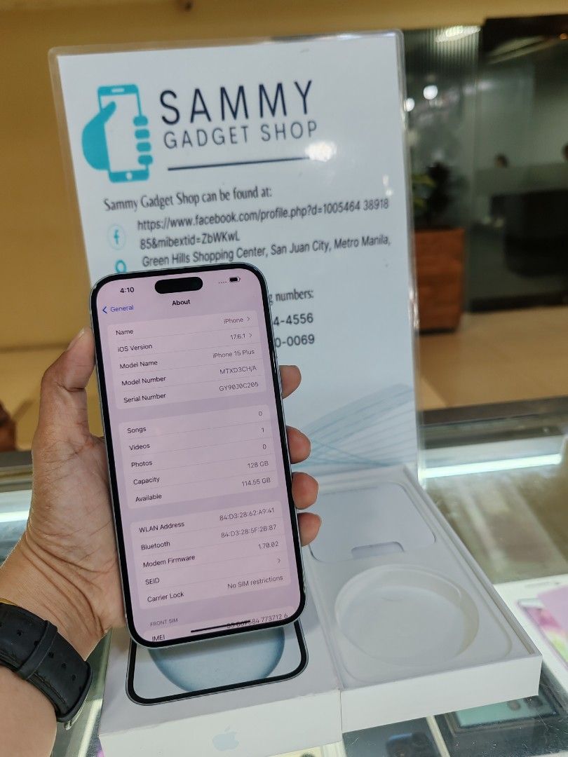 Iphone 15us 128 dual aim preloved (Category: iPhone 15 Series) located in Quezon City. Submitted by ronalynac40976 (Listing ID 1330418715, Image 2). Description: Iphone 15plus dual sim 93% batteri health good condtion With box, same serial Pick up store in greenhills shopping center We ship nationwide via lbc We accept swap/trade in We accept creditcard by installment+% We accept ggives & spaylater+% Do or call for fast transaction 09279500069/09