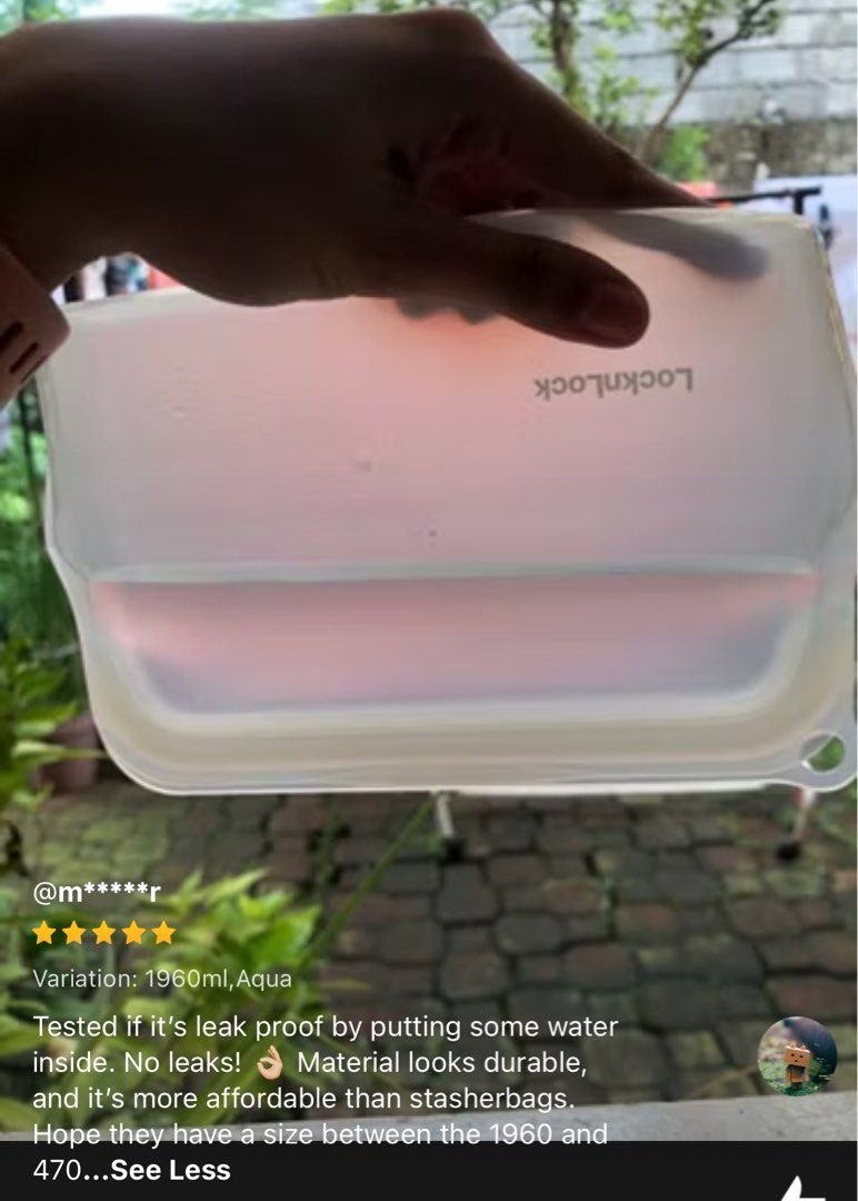 Locknlock Stuff n’ Stack Silicone Bags (Category: Other Kitchenware & Tableware) located in Mandaluyong City. Submitted by ak164 (Listing ID 1330368049, Image 2). Description: Locknlock Stuff n’ Stack Silicone Bags Opened and stored only Bought from Locknlock Official Store No longer being sold P400 only for 330ml (Dimension 185x120x32mm) P500 only for 480 ml (Dimension 185x150x32mm) ✔️Food grade ✔️Reusable ✔️Microwave-safe ✔️Dishwasher-safe ✔️Ec