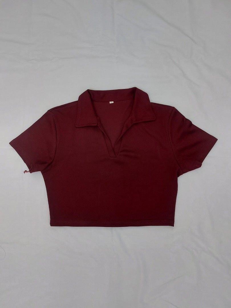 Maroon Crop Polo Shirt Kaos Polo Merah Maroon Lengan Pendek