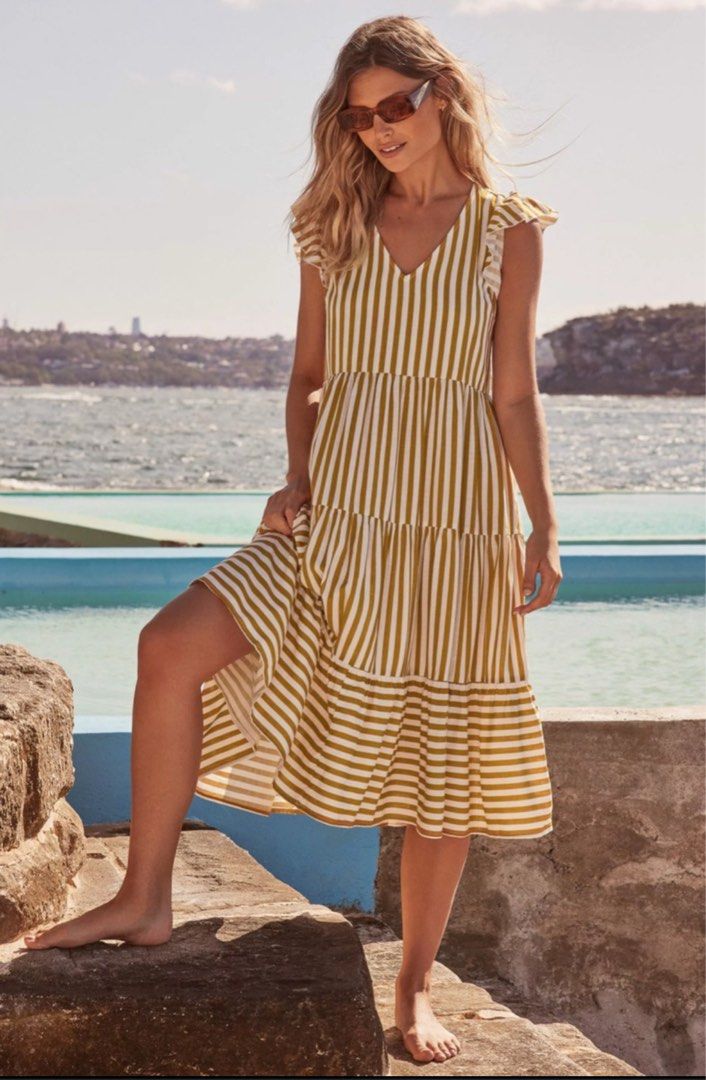 Misterzimi yellow and white striped dress, Women's Fashion