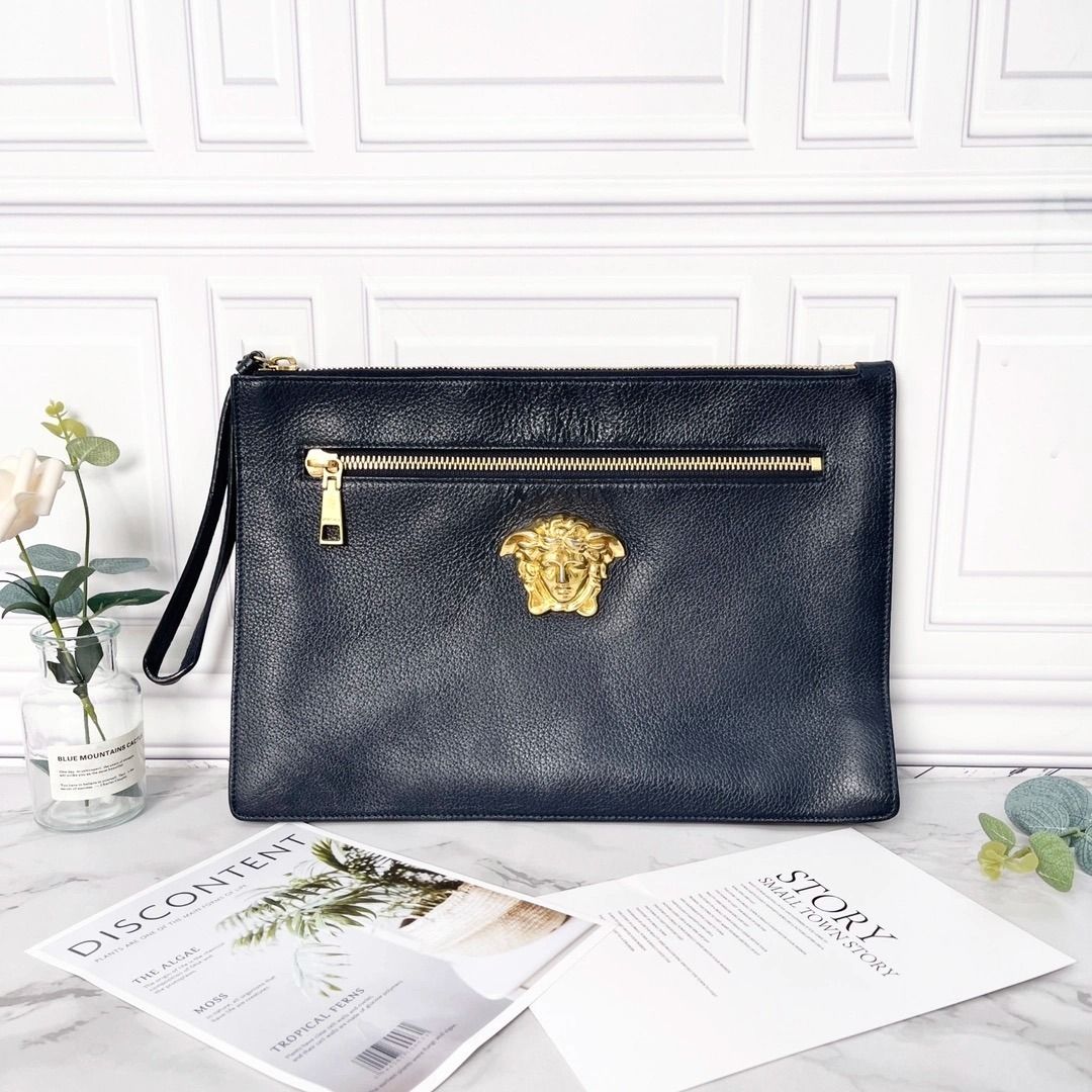 Versace Medusa Zip Clutch in Dark Blue