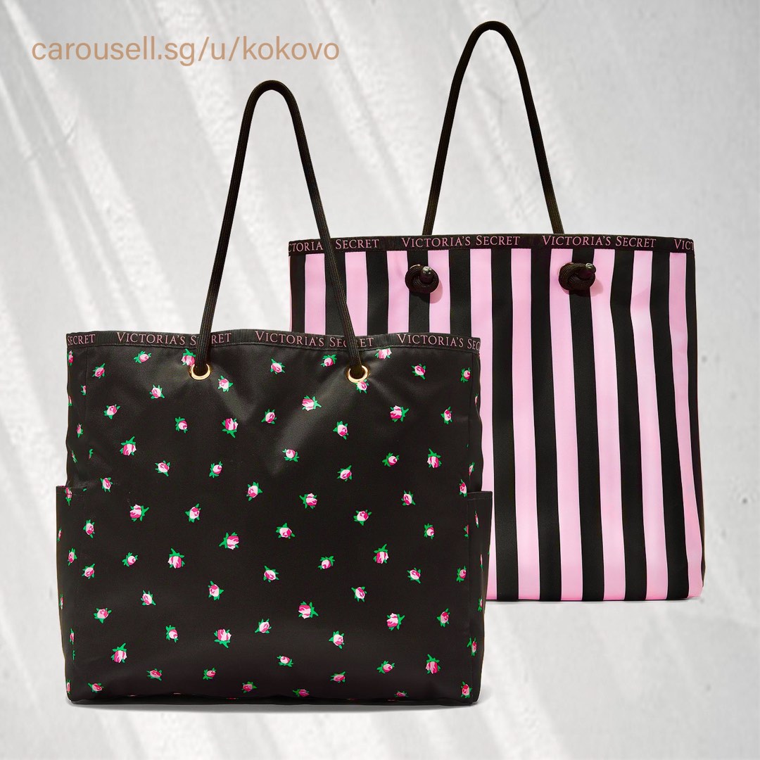 Victoria s Secret Black Pink Floral Reversible Tote