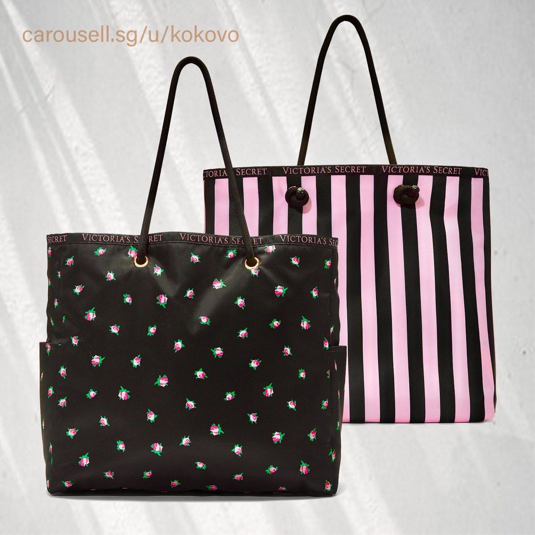 Victoria s Secret Black Pink Floral Reversible Tote
