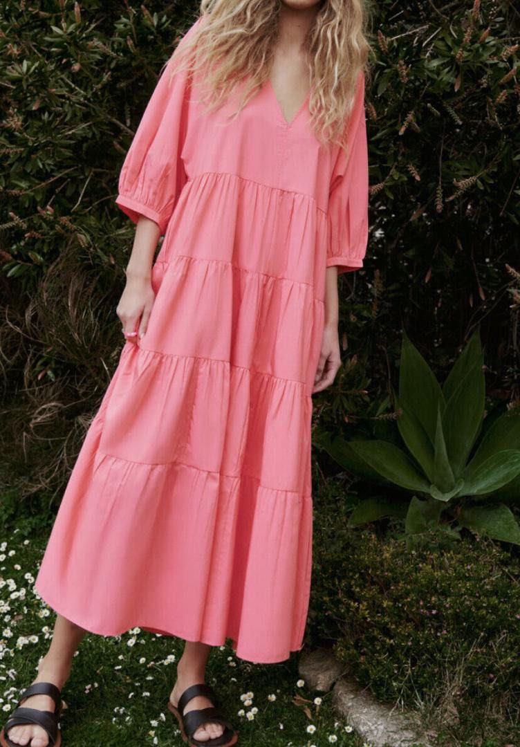 Zara pink poplin tiered maxi dress, Women's Fashion, Dresses & Sets, Dresses  on Carousell