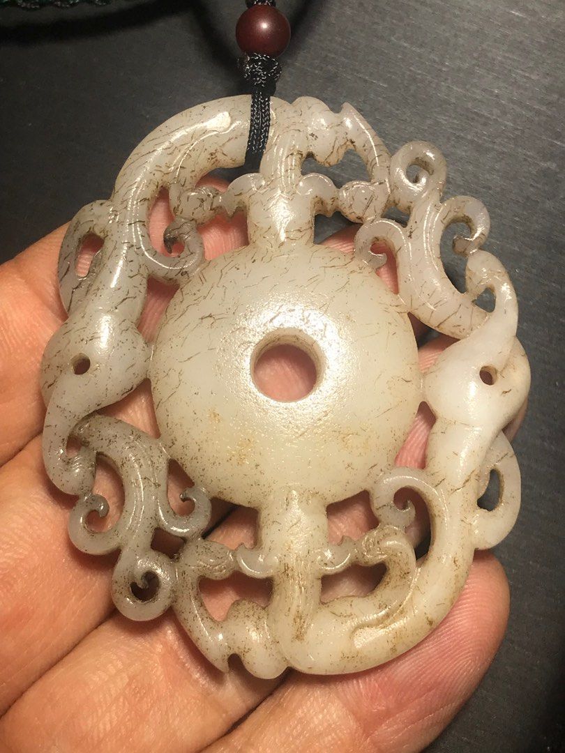 古玉老玉非常難得的高古和田白玉牛毛紋沁雙龍玉佩吊墜, 興趣及遊戲