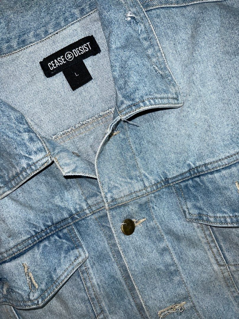 Cease & Desist Denim Jacket L (Category: Coats, Jackets and Outerwear) located in Manila. Submitted by gadgetsandeverything (Listing ID 1330633142, Image 2). Description: Super pretty Pre-loved. Not ukay. Color may change due to light..