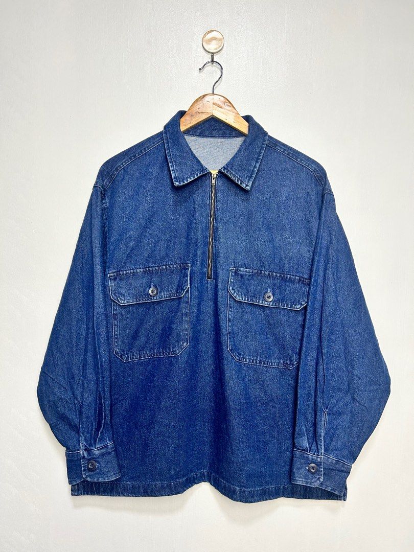 GU Half Zip Denim Jacket (Category: Activewear) located in Calamba. Submitted by jannstuff (Listing ID 1330620040, Image 1). Description: GU Half Zip Denim Jacket Size: S Excellent condition Price:850 + shipping fee Measurement Length:27 Width:21 Dm.