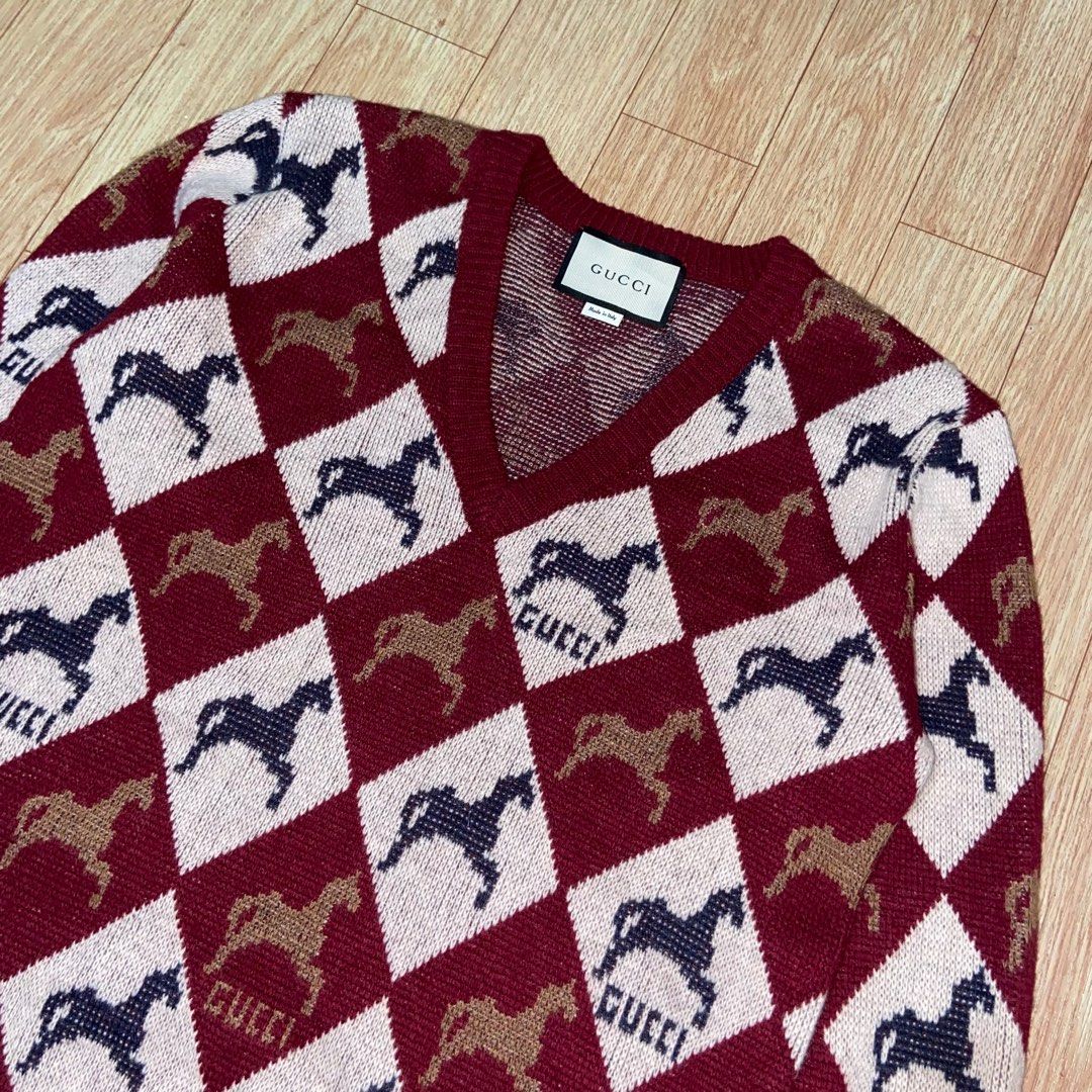 Gucci Knit Wool Horses Pattern V neck Sweater