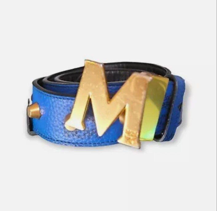 MCM Women s Blue Leather Belt with Stud and M Buckle Belt Women s Fashion Watches Accessories Belts on Carousell