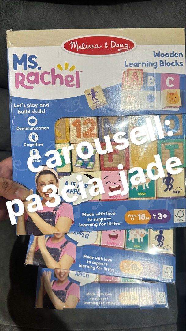 (Onhand) Ms. Rachel Wooden Learning Blocks (original) (Category: Educational & Learning Toys) located in Mandaluyong City. Submitted by pa3cia_jade (Listing ID 1327263918, Image 2). Description: Brand new. Original. Limited availability. For preorder, arriving by December 23: • Speak and Sing 16” Doll (₱3,300) Available onhand: • Cuddle and Comfort 11” Doll (₱2,000) • Wooden Learning Blocks (₱2,200) • Wooden Song Puzzle (₱2,000) • Ms. Rachel and 