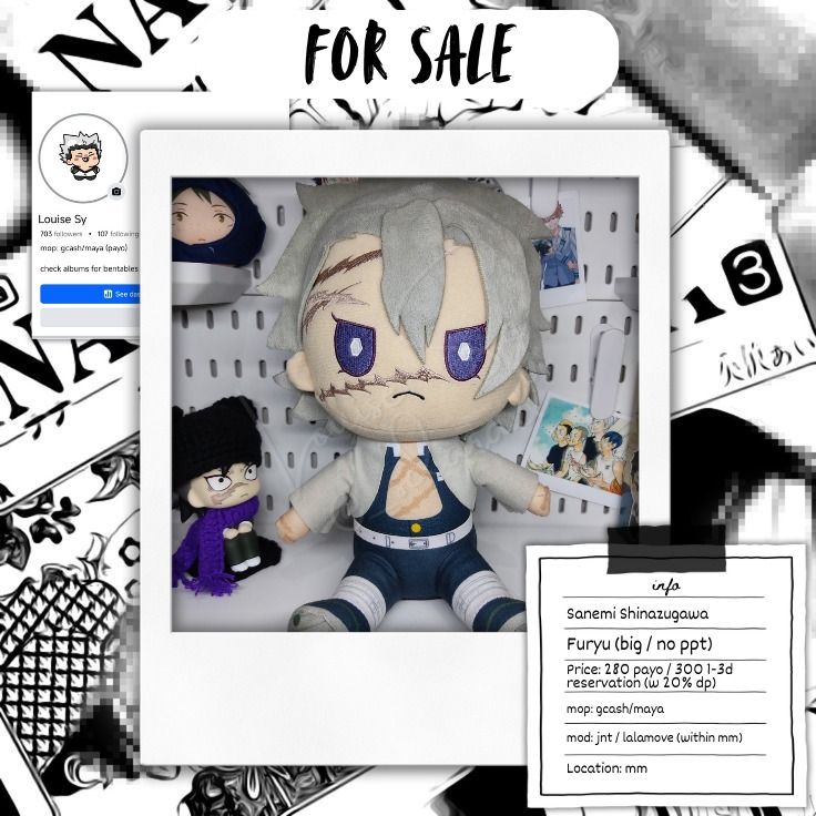 Sanemi furyu plush (big) (Category: Plushies & Soft Toys) located in Manila. Submitted by sera_p (Listing ID 1330665736, Image 1). Description: wts lfb ph demon slayer shinazugawa sanemi furyuu - 280 payo / 300 1-3 days (w 20% dp) - gcash/maya - jnt/lalamove loc: mm please read my tnc before transaction.