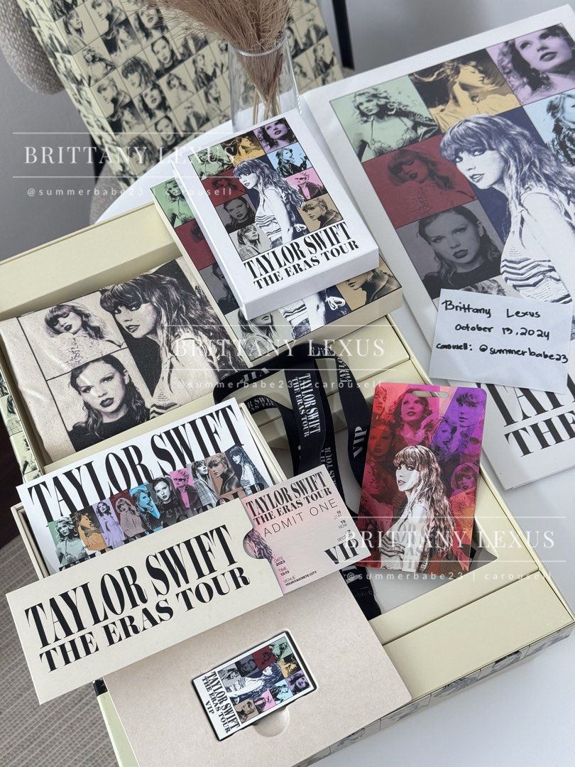 Taylor Swift | Eras Tour VIP Package Box Merch (Category: Western Merchandise) located in Carmona. Submitted by summerbabe23 (Listing ID 1330569085, Image 3). Description: Get my Eras Tour VIP Package Box with complete inclusions. I am selling two of my three VIP Boxes! ₱4,000.00 only. FIXED PRICE I got this from Eras Tour Singapore March 2 and March 9, 2024! Inclusions: 🎀A special edition set of four Swift prints, and each set “contains a hand-