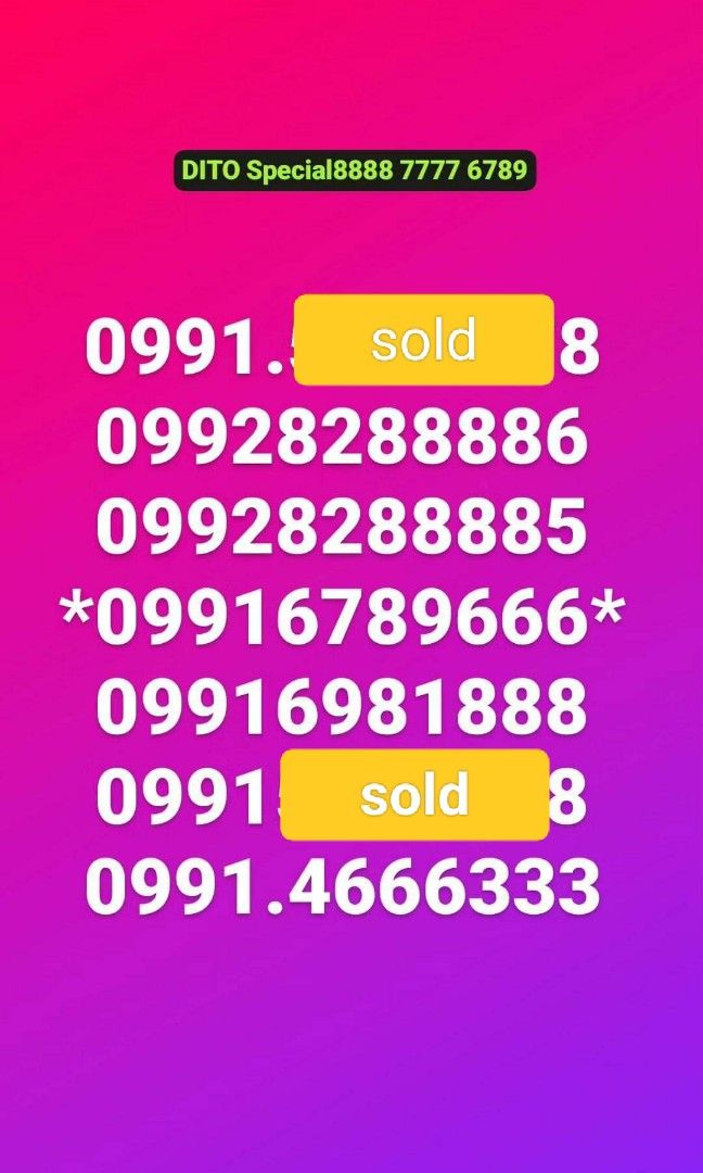 Vanity special number DITO SIM (Category: Sim Cards) located in Manila. Submitted by seligrac (Listing ID 1330695937, Image 1). Description: price range 1800-3000 except FOR VIP 09916789666.