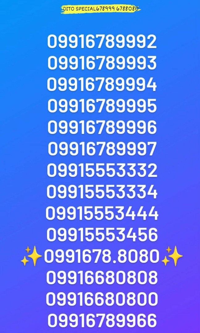 Vanity special number DITO SIM (Category: Sim Cards) located in Manila. Submitted by seligrac (Listing ID 1330695937, Image 2). Description: price range 1800-3000 except FOR VIP 09916789666.