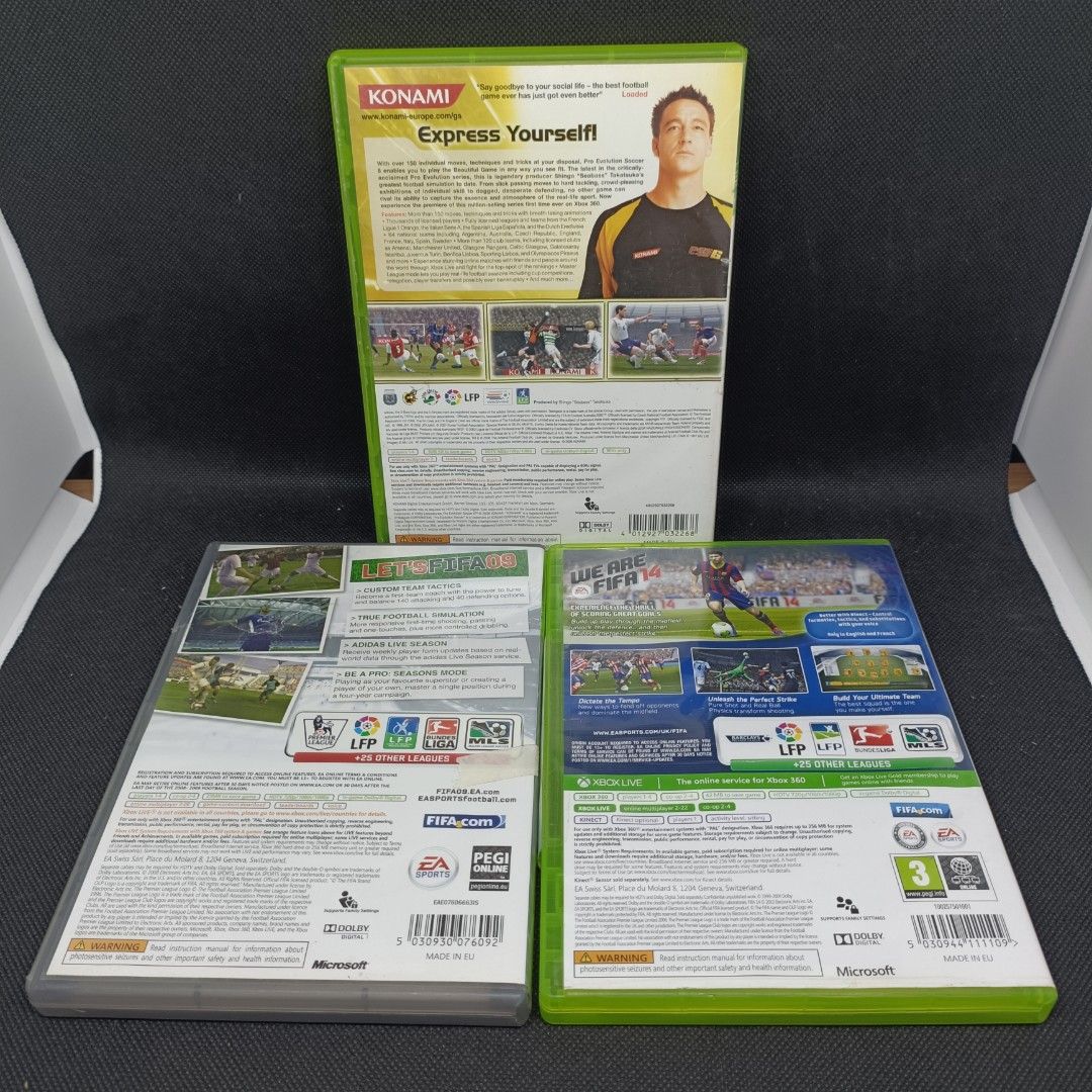 Assorted DVD XBOX 360 in Very Good Condition from UK (Category: Xbox) located in Calamba. Submitted by chebvintagedepot (Listing ID 1330821920, Image 2). Description: B185 Assorted DVD XBOX 360 in Very Good Condition from UK for 120 each Collectibles DVD Video 1. Pro Evolution Soccer 6 2. Fifa 09 3. Fifa 14 Case is in good condition Very Good Condition with plenty of visible scratches. We offer timeless treasures of vintage and collectible vinyl 