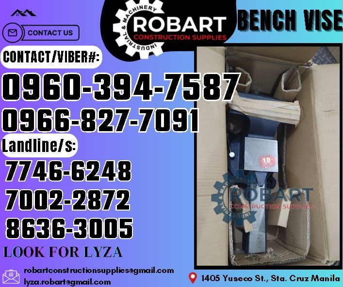 Bench Vise (Category: Construction Tools & Equipment) located in Manila. Submitted by lyzarobart11 (Listing ID 1330785300, Image 1). Description: Bench Vise 8" Brand: Hoyoma 𝑹𝑶𝑩𝑨𝑹𝑻 𝑪𝑶𝑵𝑺𝑻𝑹𝑼𝑪𝑻𝑰𝑶𝑵 𝑺𝑼𝑷𝑷𝑳𝑰𝑬𝑺 𝒪𝒻𝒻𝒾𝒸𝑒 𝒜𝒹𝒹𝓇𝑒𝓈𝓈: 𝟣𝟦𝟢𝟧 𝒴𝓊𝓈𝑒𝒸𝑜 𝒮𝓉. 𝒮𝓉𝒶 𝒞𝓇𝓊𝓏 𝑀𝒶𝓃𝒾𝓁𝒶 ꜱᴇɴᴅ ᴜꜱ ᴍᴇꜱꜱᴀɢᴇ ꜰᴏʀ ɪɴQᴜɪʀɪᴇꜱ ‼️ ‼️ ɢʟᴏʙᴇ: (0966-827-7091) ꜱᴍʀᴛ - (0960-394-7587) ᴠɪʙʀ - (0960-394-7587) ʟᴀɴᴅʟɪɴᴇ: (8636-ʟᴏᴏᴋ ꜰᴏʀ ʟʏᴢᴀ 