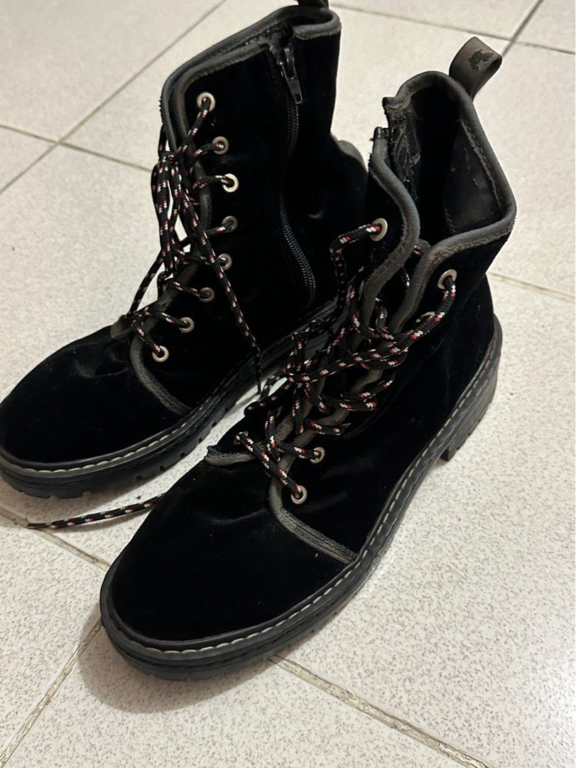 Black velvet combat boots cheap
