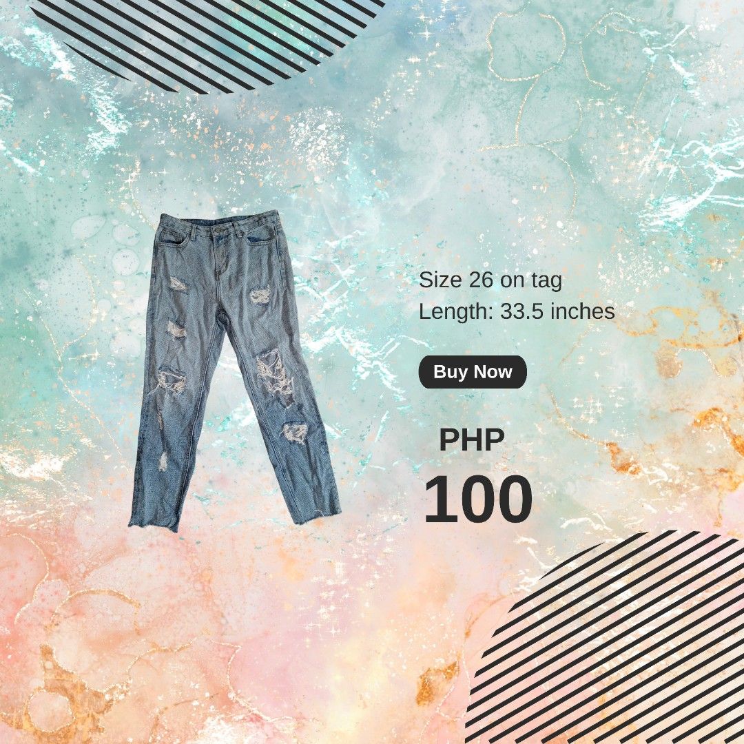 Ripped High-waist Denim Jeans (Category: Jeans) located in Caloocan City. Submitted by declutterpreneur (Listing ID 1330824341, Image 1). Description: Bought for Php 249.