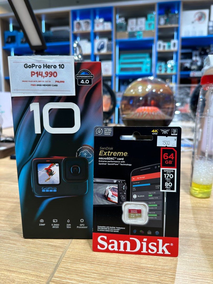 GOPRO HERO 10 BLACK (Category: Cameras) located in San Juan City. Submitted by urbangiz_greenhillsmall (Listing ID 1330737571, Image 1). Description: Product Details: > Max video resolution: 5.3K/60p (100Mb/s bit-rate) > Slo-mo video: 4K/120p, 2.7K/240p. Photo resolution: 23MP. > Livestreaming: 1080p. > Screen sizes: 2.27in (rear), 1.4in (front) > Stabilization: HyperSmooth 4.0. > Battery: Removable 1720mAh lithium-ion. > Battery charge time: 3 h