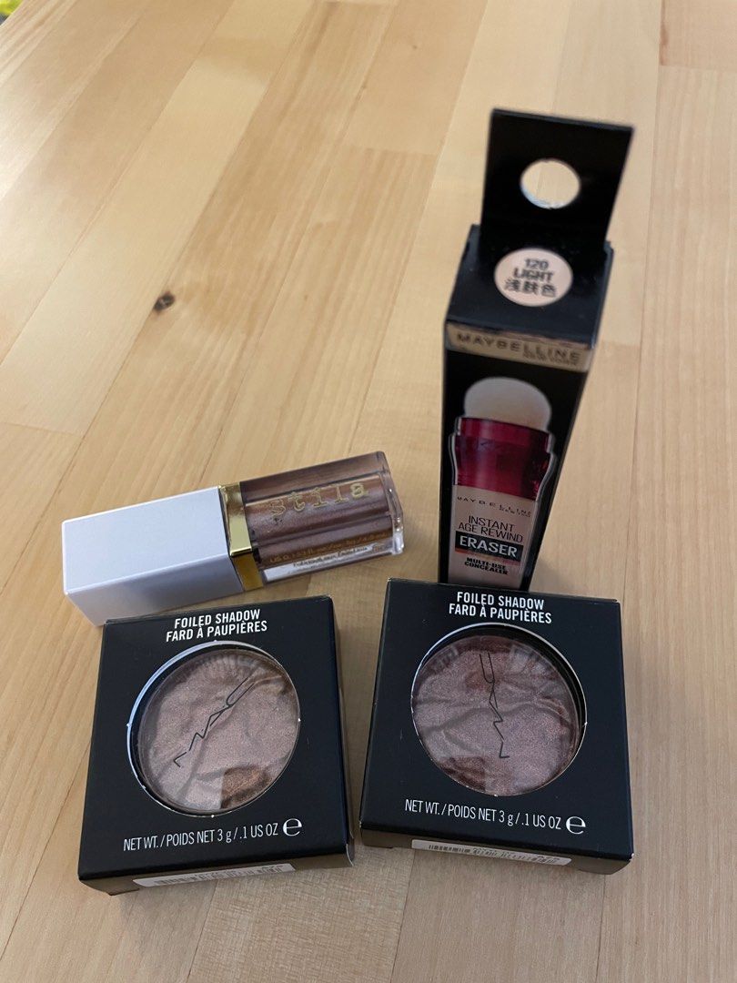 Makeup bundle : MAC | STILA | MAYBELLINE (Category: Makeup) located in Cebu City. Submitted by digitaldeclutter (Listing ID 1330787702, Image 1). Description: Makeup bundle AUTHENTIC MAC | STILA | MAYBELLINE ➡️2 MAC foiled eyeshadows in shades Joy Toy and Faerie - Swatched ➡️1 Stila Glisten & Glow Liquid E/S in PLAYA - swatched ➡️1 Maybelline Instant Age Rewind Concealer in 120 LIGHT - Brand New ✨Selling low na po ✨Shipping c/o buyer ✨MOP: BPI/BD