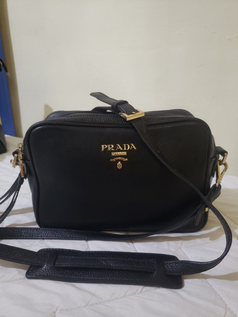 Prada Black vitello phenix Leather Double Zip Cross Body Bag