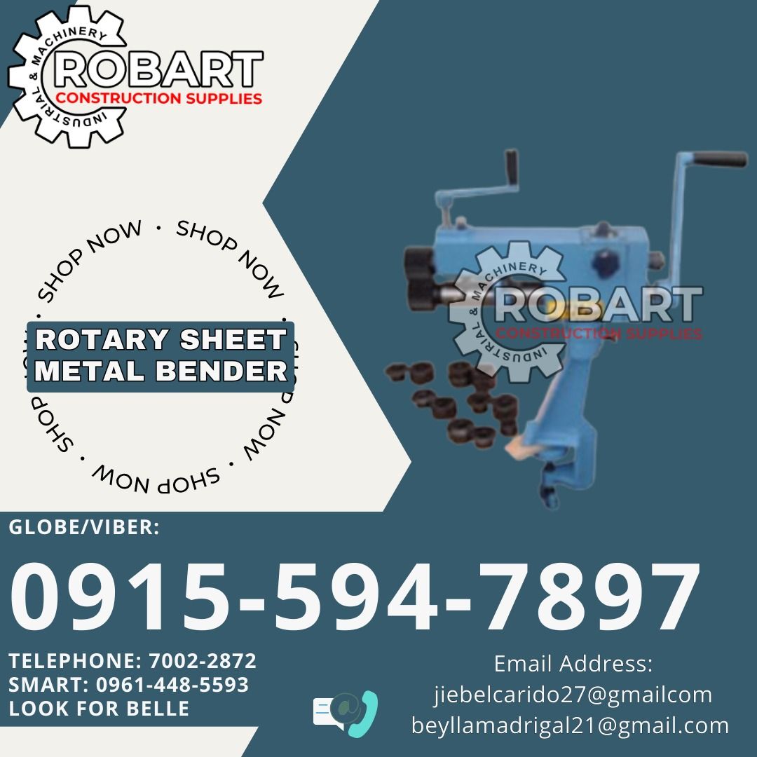 Rotary Sheet Metal Bender (Category: Construction Tools & Equipment) located in Manila. Submitted by bellarobart (Listing ID 1330772624, Image 1). Description: Rotary Sheet Metal Bender Brand: Titan Capacity: 0.8mm / 22ga 𝑹𝑶𝑩𝑨𝑹𝑻 𝑪𝑶𝑵𝑺𝑻𝑹𝑼𝑪𝑻𝑰𝑶𝑵 𝑺𝑼𝑷𝑷𝑳𝑰𝑬𝑺 Office Address: 1405 Yuseco St. Sta Cruz Manila SEND US MESSAGE FOR INQUIRIES ‼️ ‼️ Glb/Vibr: 0915-594-7897 Smrt: 0961-448-5593 Landline: (7746-6248 / 7002-2872) 𝓛𝓞𝓞𝓚 𝓕