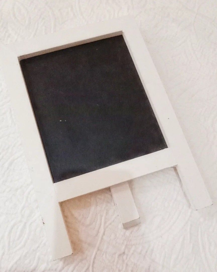 Shabby chic Mini Chalk SignBoard (Category: Other Home Decor) located in Balanga. Submitted by marae_c (Listing ID 1330827367, Image 1). Description: In good used condition. No flaws. Like new, barely used. Very pretty and cute sign chalkboard. Has foldable stand. Cute for decoration as well. 💗 Rfs. Decluttering. Not in use . Have too many decor pieces already. Need space.