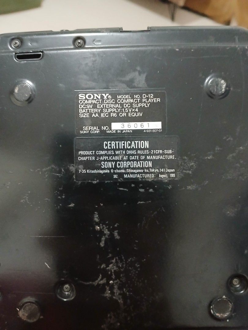 Sony D-12 Discman from 1989 (Category: Portable Music Players) located in Makati City. Submitted by itsluisyall (Listing ID 1330807763, Image 3). Description: sony d-12 discman/portable cd player manufactured in 1989 as is/junk for display/repair with power but can't read CDs 2,000.