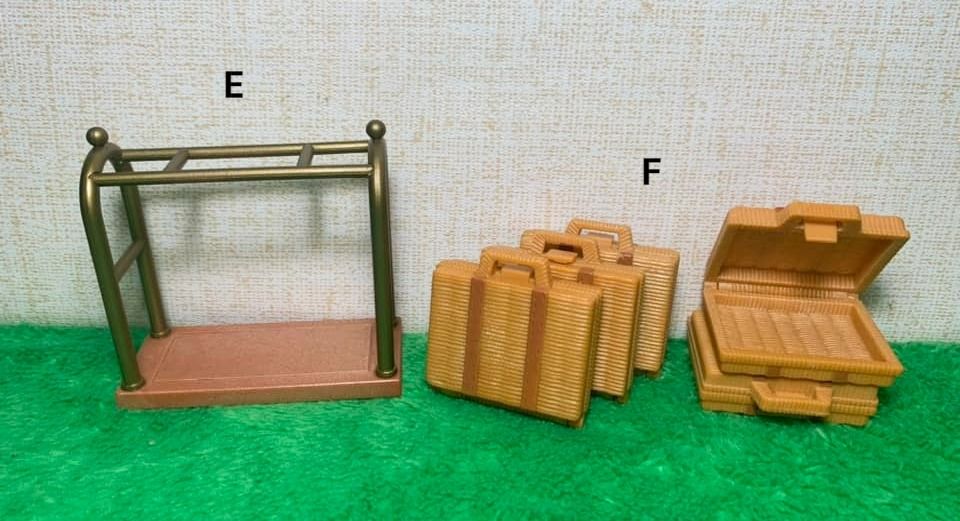 Sylvanian Families Hotel Spare Accessories (Category: Kids Toys) located in Pasig City. Submitted by paisleybox (Listing ID 1330835363, Image 3). Description: Sylvanian Families Hotel Spare Accessories Used good condition A- (bell) (SOLD) B- (2 keys)- (SOLD) C- (key rack)- (SOLD) D- (hotel front desk)- (SOLD) E- (luggage trolley)- (SOLD) F-each (luggage)- (SOLD) G- 140 each (flower box)- (SOLD) Payment: GCash, BDO Cross posted.