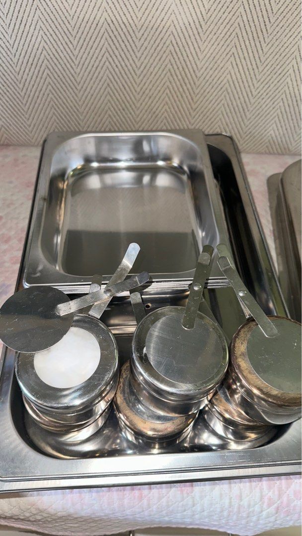 3 Set Chafing Dish Dual Purpose with Burner (Category: Other Kitchenware & Tableware) located in Antipolo. Submitted by raines.picks (Listing ID 1330970388, Image 3). Description: Chafing dish 3 set - stainless steel - only used once INCLUSIONS - 3 pcs chafing dish (large) - 6 pcs food tray (2 for each chafing dish) - 3 pcs lid cover with handle - 6 pcs burners - 3 pcs tray stand - with COMPLETE screws and fittings - DIMENSIONS: 54cm x 34cm x 10c