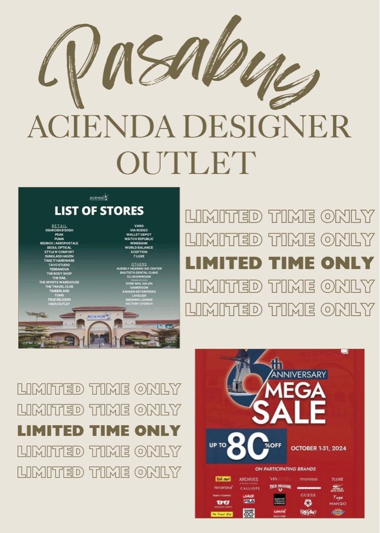 ACIENDA DESIGNER OUTLET PASABUY (Category: Announcements) located in San Fernando. Submitted by yourdeclutterbuddy (Listing ID 1330898939, Image 1). Description: PASABUY goes to Acienda Outlet Store in Cavite! Budget-Friendly Gift? Christmas Gift? Birthday Gift? Exchange Gift? Deserve ko ‘to Gift? WE GOT YOU! We are now accepting Pasabuy orders for upcoming October 19 and 20. If you have pictures, designs, and sizes of the product you want, you c