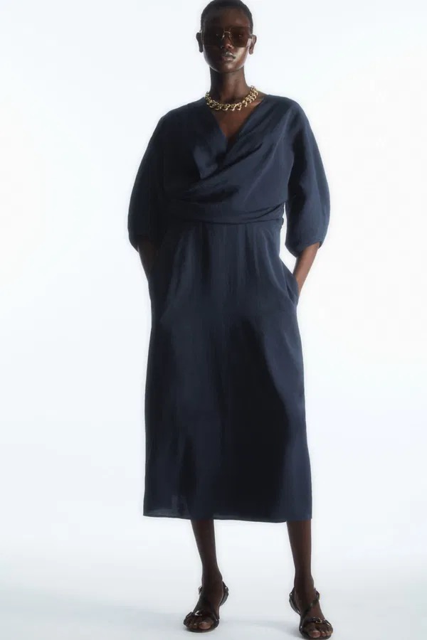 COS Puff Sleeve Midi Dress - Navy, Women's Fashion, Dresses & Sets, Dresses  on Carousell